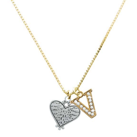 Delight Jewelry Silver-tone Antiqued Alligator Print Heart - Large Goldtone Crystal Initial - V - Charm Necklace, 17.5"+2"