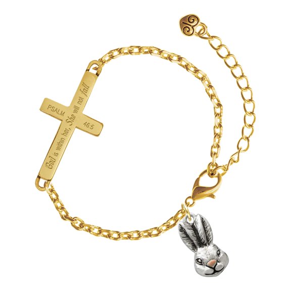 Delight Jewelry Silver-tone Antiqued Bunny Head - Gold Tone Psalm 46:5 She will not fall Engraved Cross Charm Bracelet, 6.5+1.5" Extender