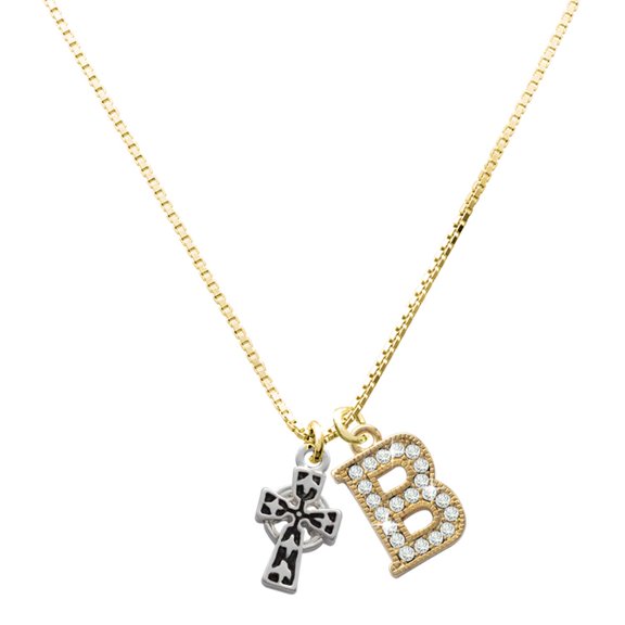 Delight Jewelry Silver-tone Antiqued Celtic Cross - Large Goldtone Crystal Initial - B - Charm Necklace, 17.5"+2"