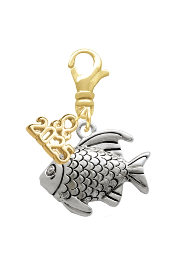 Silver-tone Antiqued Fish - Gold-tone Clip on Charm with Mini Year 2025
