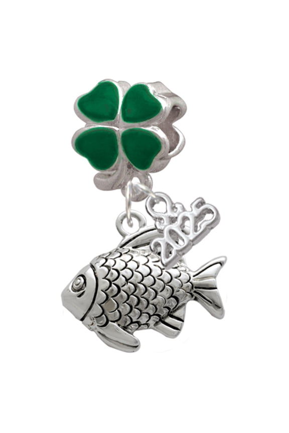 Silver-tone Antiqued Fish - Good Luck Green Four Leaf Clover Charm Bead Dangle with Mini 2025