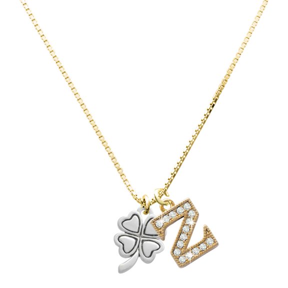 Delight Jewelry Silver-tone Antiqued Four Leaf Clover - Large Goldtone Crystal Initial - Z - Charm Necklace, 17.5"+2"