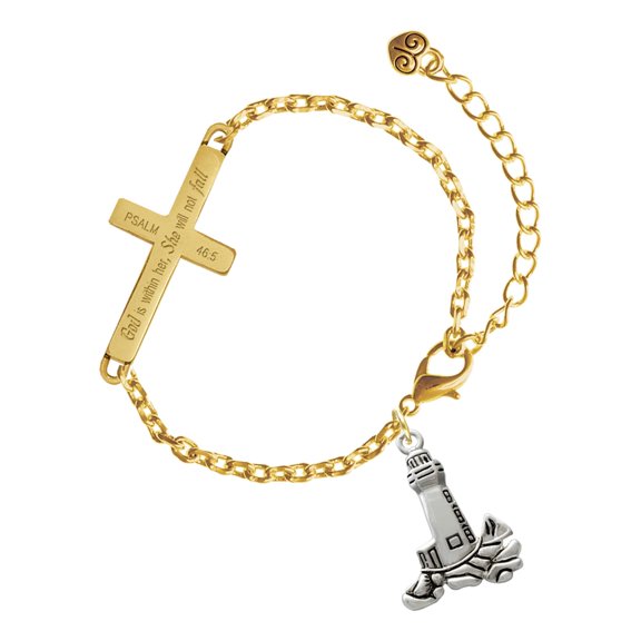 Delight Jewelry Silver-tone Antiqued Lighthouse - Gold Tone Psalm 46:5 She will not fall Engraved Cross Charm Bracelet, 6.5+1.5" Extender