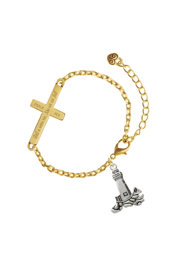 Silver-tone Antiqued Lighthouse - Gold Tone Psalm 46:5 She will not fall Engraved Cross Charm Bracelet, 6.5+1.5" Extender