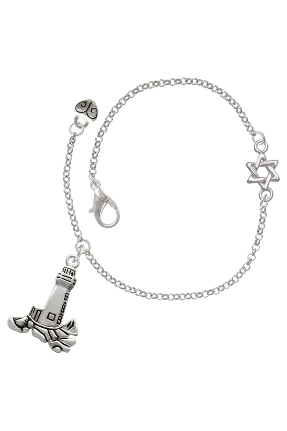 Silver-tone Antiqued Lighthouse - Silvertone Star of David Delicate Bracelet, 6.25+1.75" Extender