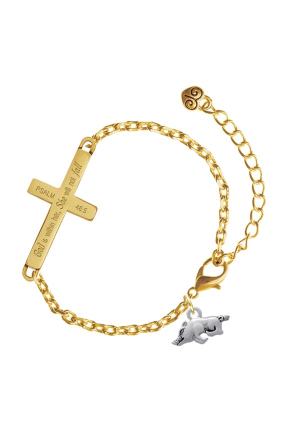 Silver-tone Antiqued Razorback - Gold Tone Psalm 46:5 She will not fall Engraved Cross Charm Bracelet, 6.5+1.5" Extender