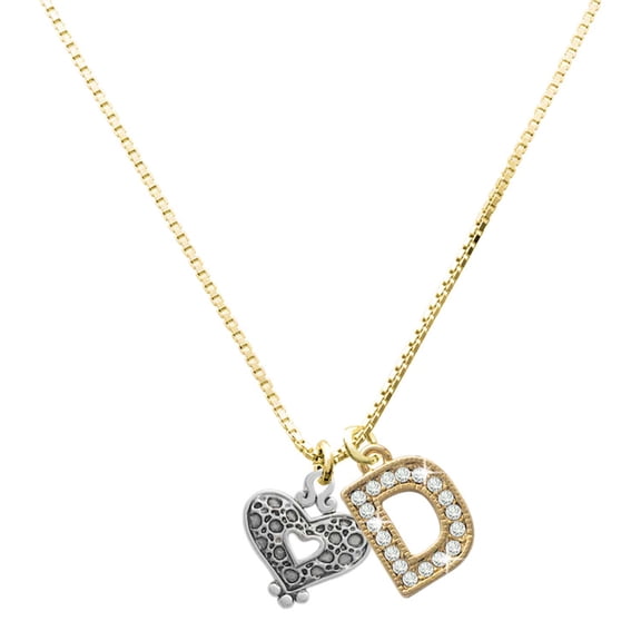 Delight Jewelry Silver-tone Antiqued Reptile Print Open Heart with a Large Goldtone Crystal Initial - D - Charm Necklace, 17.5"+2"