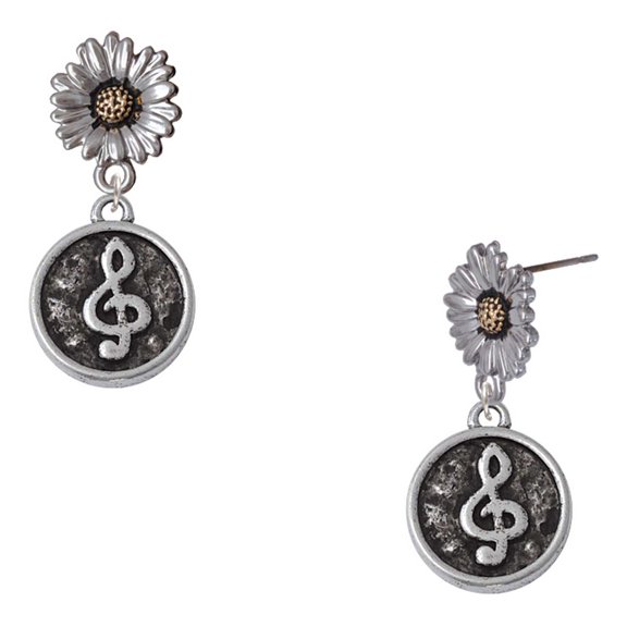 Delight Jewelry Silver-tone Antiqued Round Seal - Clef - Two-tone Daisy Flower Post Earrings