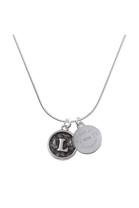 Silver-tone Antiqued Round Seal - Initial - L - Engraved Congrats Class of 2026 Charm Necklace, 18"