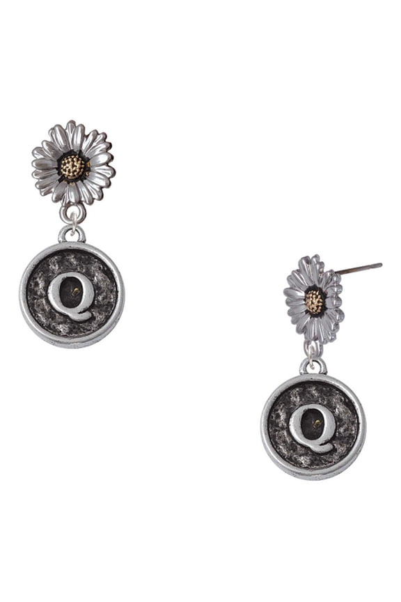 Silver-tone Antiqued Round Seal - Initial - Q - Two-tone Daisy Flower Post Earrings