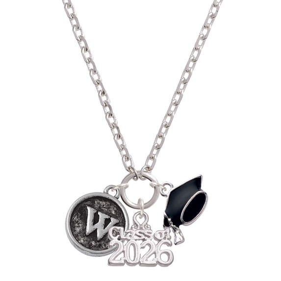 Delight Jewelry Silver-tone Antiqued Round Seal - Initial - W - Class of 2026 Graduation Zoey Charm Necklace, 28"