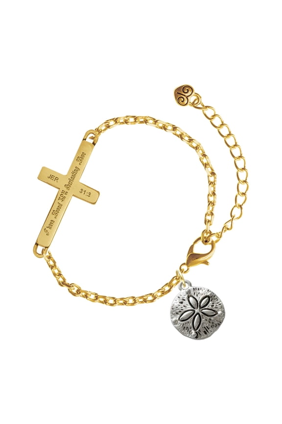Silver-tone Antiqued Sand Dollar - Gold Tone Jeremiah 31:3 Everlasting Love Engraved Cross Charm Bracelet, 6.5+1.5" Extender