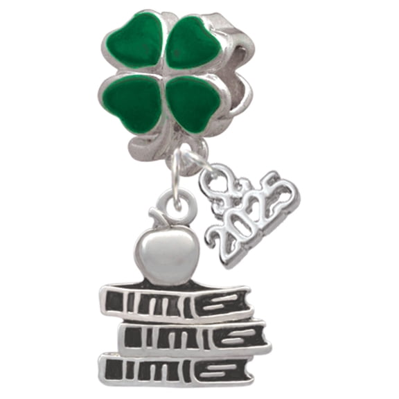 Delight Jewelry Silver-tone Antiqued School Books with an Apple - Good Luck Green Four Leaf Clover Charm Bead Dangle with Mini 2025