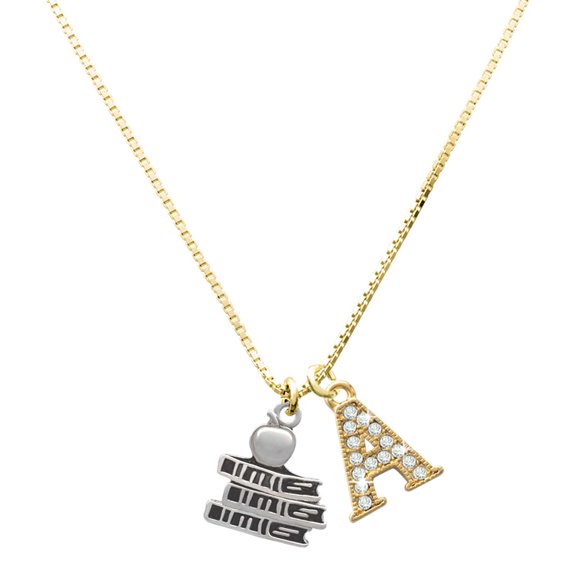 Delight Jewelry Silver-tone Antiqued School Books with an Apple - Large Goldtone Crystal Initial - A - Charm Necklace, 17.5"+2"