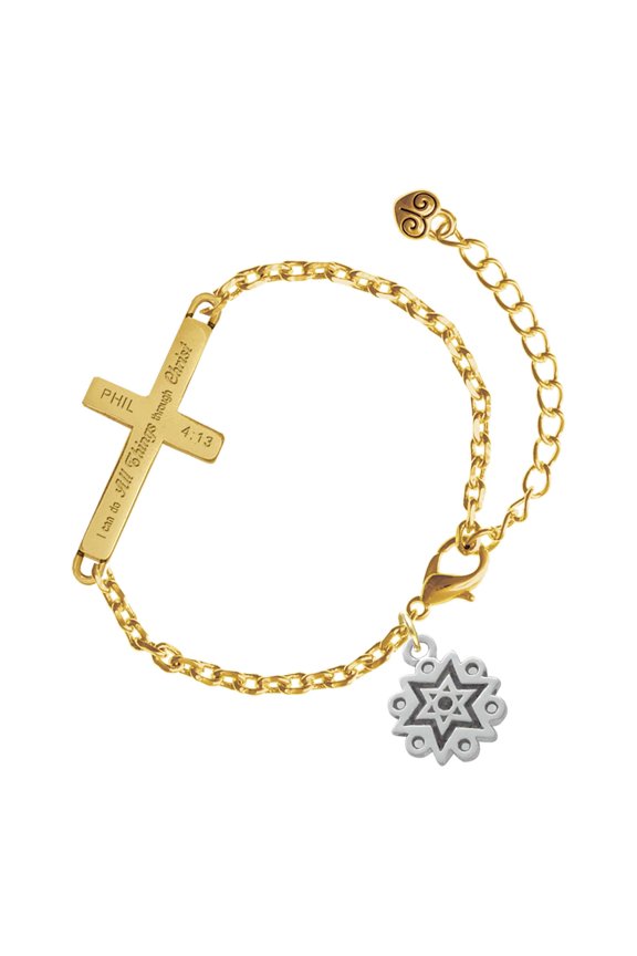 Silver-tone Antiqued Snowflake - Gold Tone Philipians 4:13 I Do All Things Through Christ Engraved Cross Charm Bracelet, 6.5+1.5" Extender