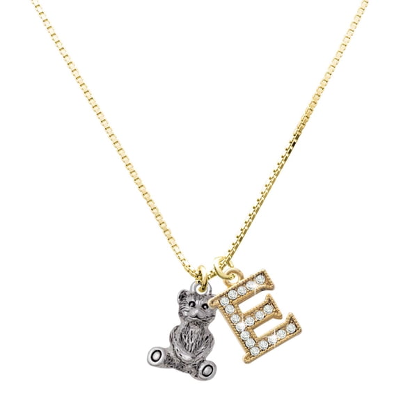 Delight Jewelry Silver-tone Antiqued Teddy Bear - Large Goldtone Crystal Initial - E - Charm Necklace, 17.5"+2"