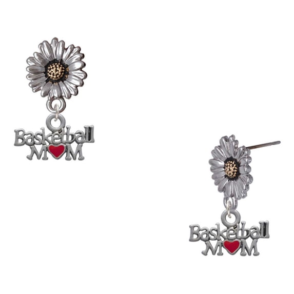 Delight Jewelry Silver-tone Basketball Mom with Red Heart - Two-tone Daisy Flower Post Earrings