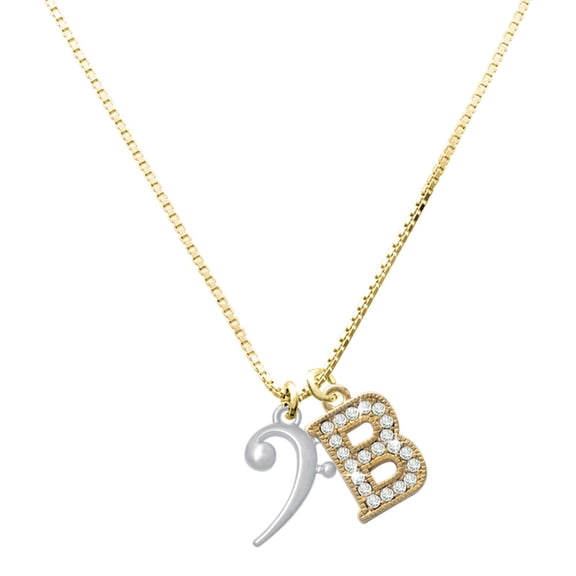 Delight Jewelry Silver-tone Bass Clef - Large Goldtone Crystal Initial - B - Charm Necklace, 17.5"+2"