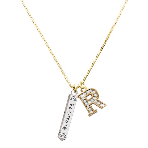 Delight Jewelry Silver-tone Be Strong and Courageous Bar - Large Goldtone Crystal Initial - R - Charm Necklace, 17.5"+2"