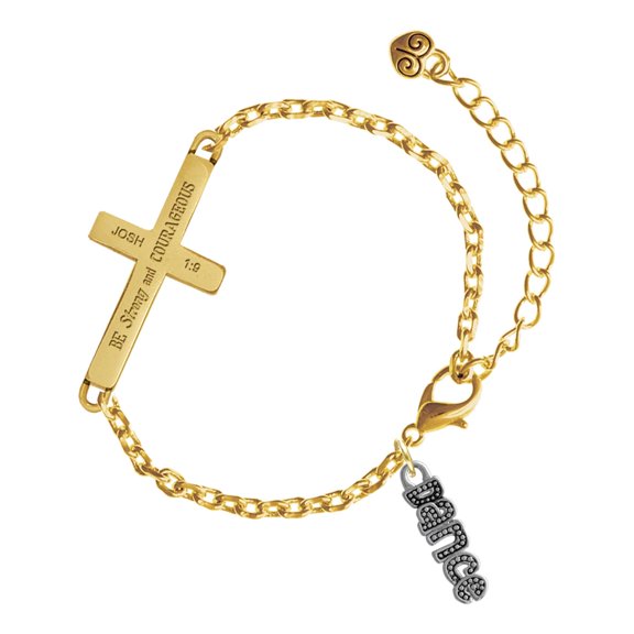 Delight Jewelry Silver-tone Beaded ''Dance'' - Gold Tone Joshua 1:9 Strong and Courageous Engraved Cross Charm Bracelet, 6.5+1.5" Extender
