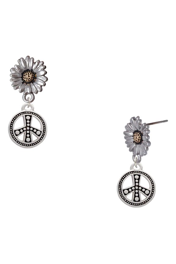 Silver-tone Beaded Peace Sign - Two-tone Daisy Flower Post Earrings