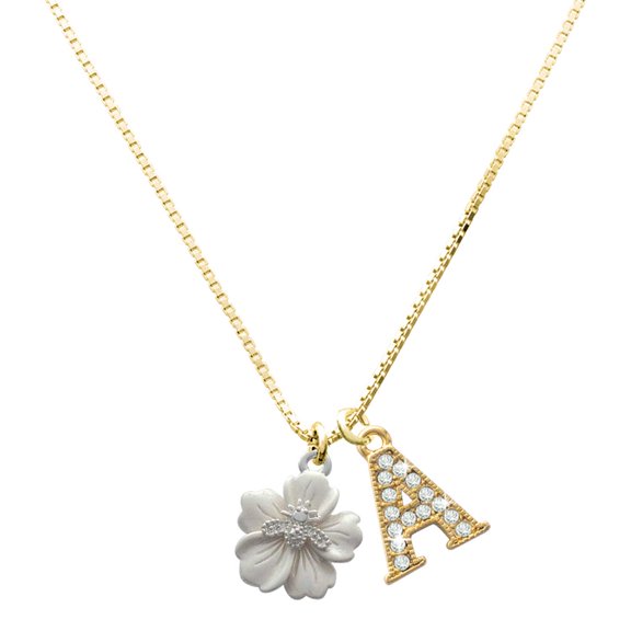 Delight Jewelry Silver-tone Bee on White Flower - Large Goldtone Crystal Initial - A - Charm Necklace, 17.5"+2"