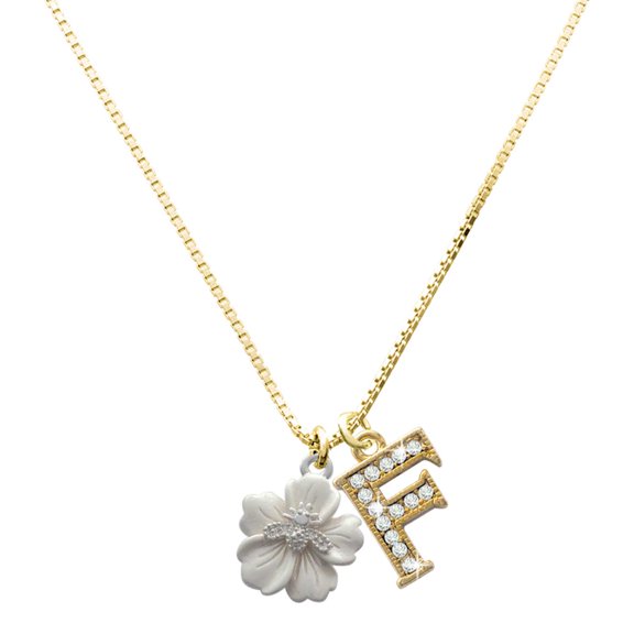 Delight Jewelry Silver-tone Bee on White Flower - Large Goldtone Crystal Initial - F - Charm Necklace, 17.5"+2"