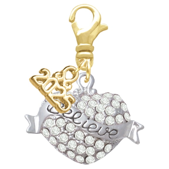 Delight Jewelry Silver-tone Believe Banner on Clear Crystal Heart - Gold-tone Clip on Charm with Mini Year 2025