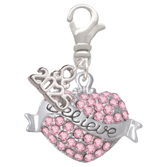 Delight Jewelry Silver-tone Believe Banner on Pink Crystal Heart - Silver-tone Clip on Charm with Mini Year 2025