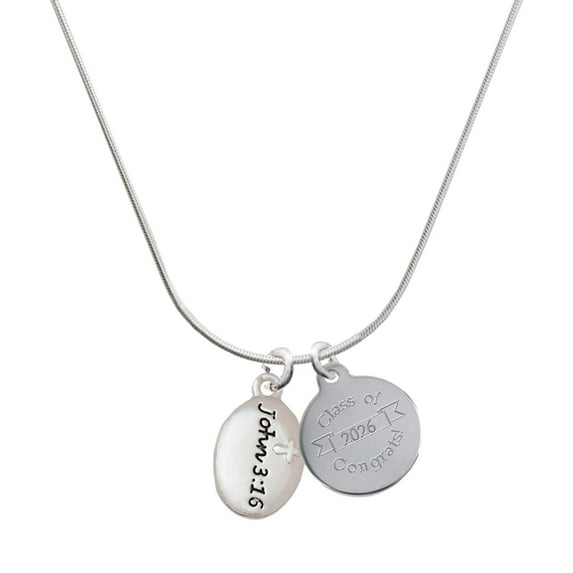 Delight Jewelry Silver-tone Bible Verse John 3:16 - Engraved Congrats Class of 2026 Charm Necklace, 18"