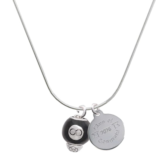 Delight Jewelry Silver-tone Black 8 Ball Spinner - Engraved Congrats Class of 2026 Charm Necklace, 18"