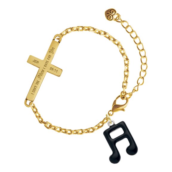 Delight Jewelry Silver-tone Black Beamed Eighth Notes Note - Gold Tone Jeremiah 29:11 I Have Plans for You Engraved Cross Charm Bracelet, 6.5+1.5" Extender