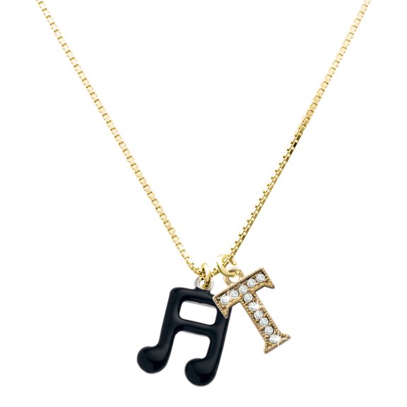 Delight Jewelry Silver-tone Black Beamed Eighth Notes Note - Large Goldtone Crystal Initial - T - Charm Necklace, 17.5"+2"