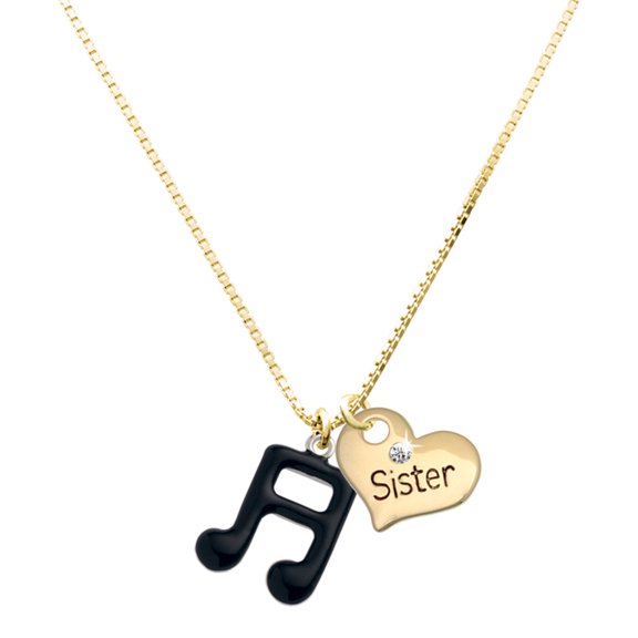 Delight Jewelry Silver-tone Black Beamed Eighth Notes Note - Large Goldtone Sister Heart Charm Necklace, 17.5"+2" Extender