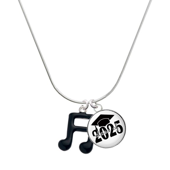 Delight Jewelry Silver-tone Black Beamed Eighth Notes Note - Script Class of 2025 Dome Charm Necklace, 18"