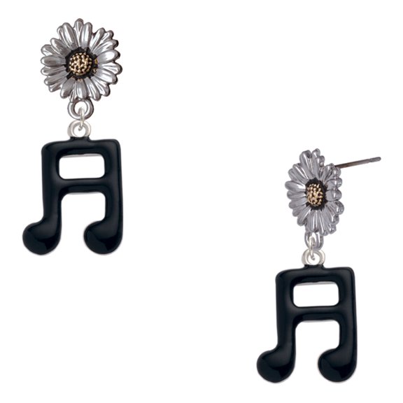 Delight Jewelry Silver-tone Black Beamed Eighth Notes Note - Two-tone Daisy Flower Post Earrings