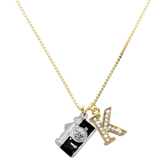 Delight Jewelry Silver-tone Black Camera Charm and Goldtone Crystal Initial K Charm Necklace, 17.5"+2"