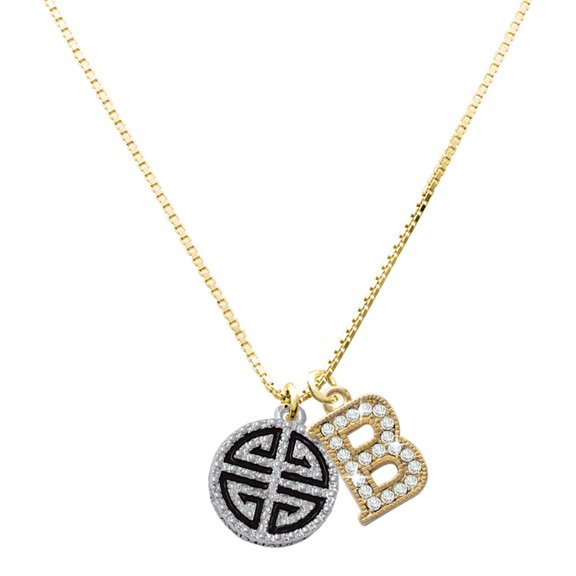 Delight Jewelry Silver-tone Black Chinese Blessing - Large Goldtone Crystal Initial - B - Charm Necklace, 17.5"+2"
