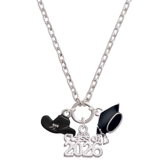 Delight Jewelry Silver-tone Black Cowboy Hat - Class of 2026 Graduation Zoey Charm Necklace, 28"