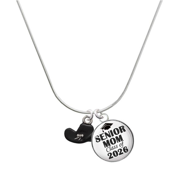 Delight Jewelry Silver-tone Black Cowboy Hat - Silvertone Senior Mom Class of 2026 Dome Necklace, 18"
