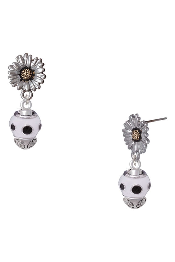 Silver-tone Black Dots on White Spinners - Two-tone Daisy Flower Post Earrings