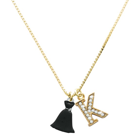 Delight Jewelry Silver-tone Black Dress Charm and Goldtone Crystal Initial K Charm Necklace, 17.5"+2"