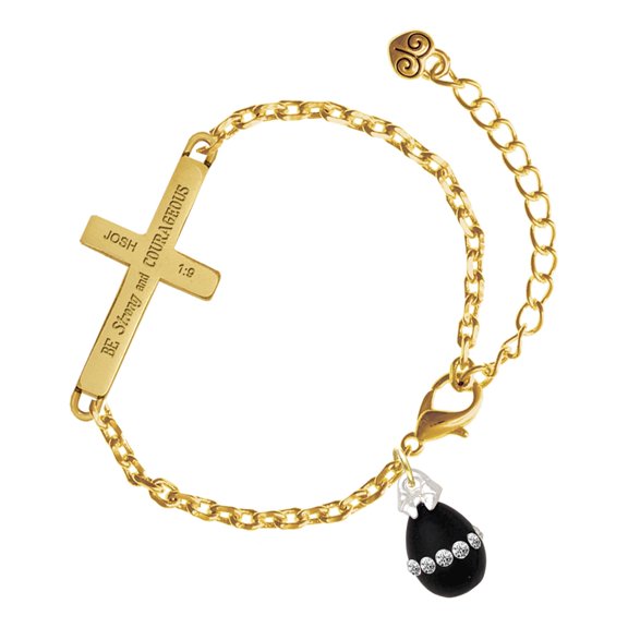 Delight Jewelry Silver-tone Black Easter Egg with Clear Crystal Band - Gold Tone Joshua 1:9 Strong and Courageous Engraved Cross Charm Bracelet, 6.5+1.5" Extender