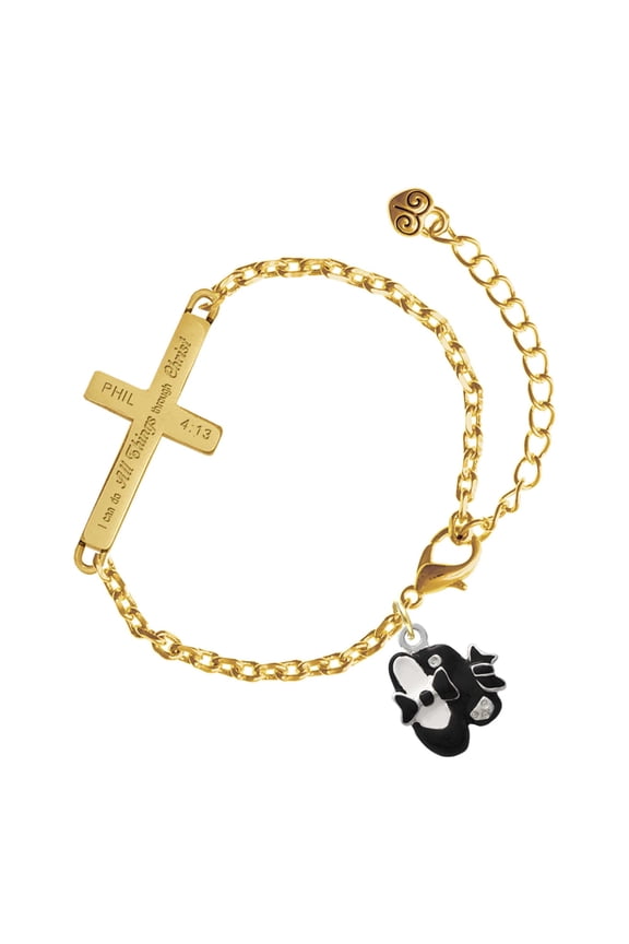 Silver-tone Black Enamel Tap Shoes - Gold Tone Philipians 4:13 I Do All Things Through Christ Engraved Cross Charm Bracelet, 6.5+1.5" Extender