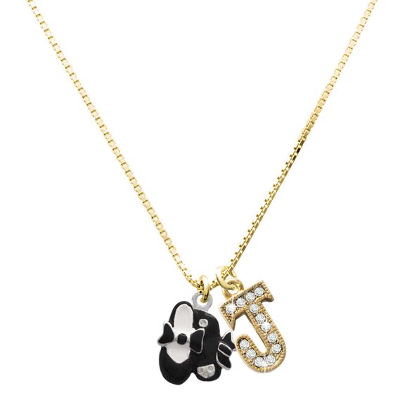 Delight Jewelry Silver-tone Black Enamel Tap Shoes - Large Goldtone Crystal Initial - J - Charm Necklace, 17.5"+2"