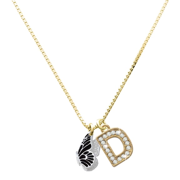 Delight Jewelry Silver-tone Black Flying Butterfly with a Large Goldtone Crystal Initial - D - Charm Necklace, 17.5"+2"