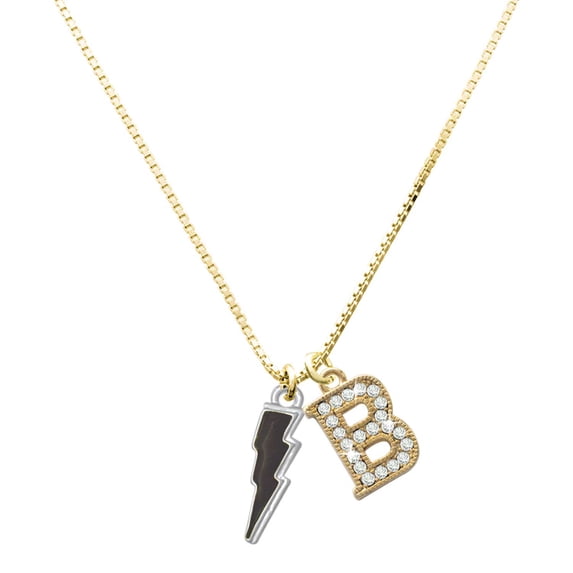 Delight Jewelry Silver-tone Black Lightning Bolt - Large Goldtone Crystal Initial - B - Charm Necklace, 17.5"+2"