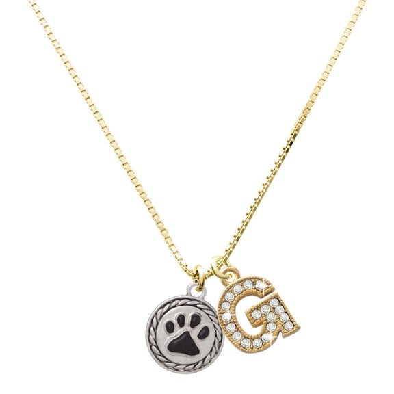 Delight Jewelry Silver-tone Black Paw in Rope Border and a Large Goldtone Crystal Initial G Charm Necklace, 17.5"+2"