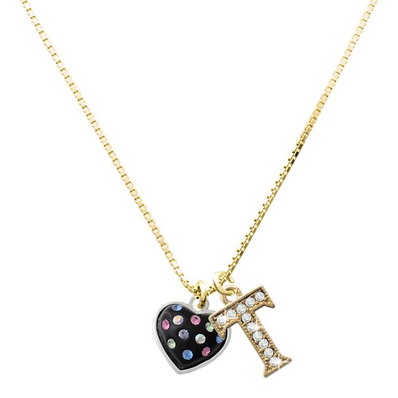 Delight Jewelry Silver-tone Black Resin Heart with Tropical Crystals - Large Goldtone Crystal Initial - T - Charm Necklace, 17.5"+2"