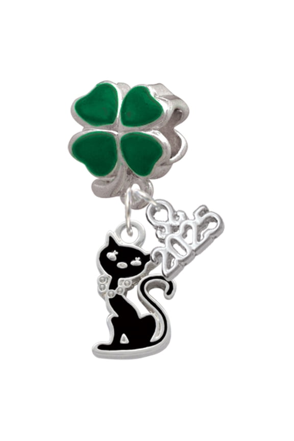 Silver-tone Black Sitting Cat - Good Luck Green Four Leaf Clover Charm Bead Dangle with Mini 2025